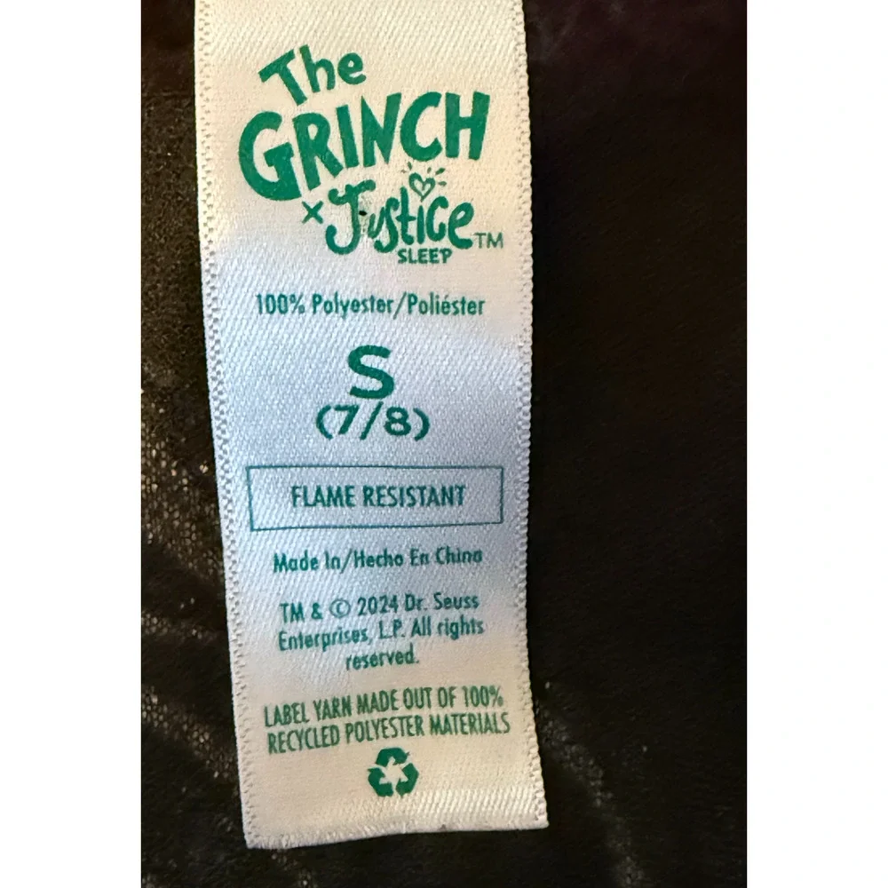 Justice Pajamas Girls 7/8 The Grinch One Piece Front Zip Cozy Pajamas Warm Black